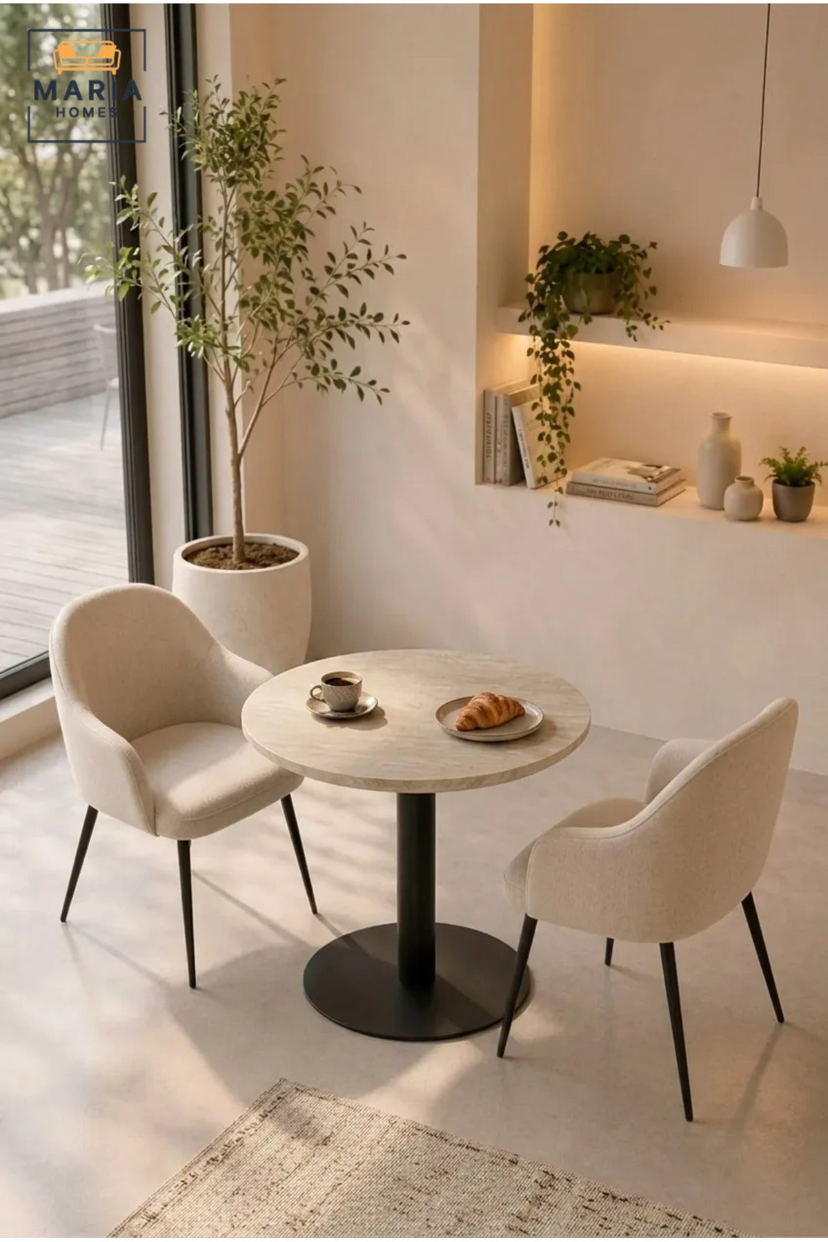 Modern Round Café Table with Marble-Effect Top and Black Pedestal Base for Coffee Shop, Restaurant, Bistro, Hotel and Indoor Dining Area