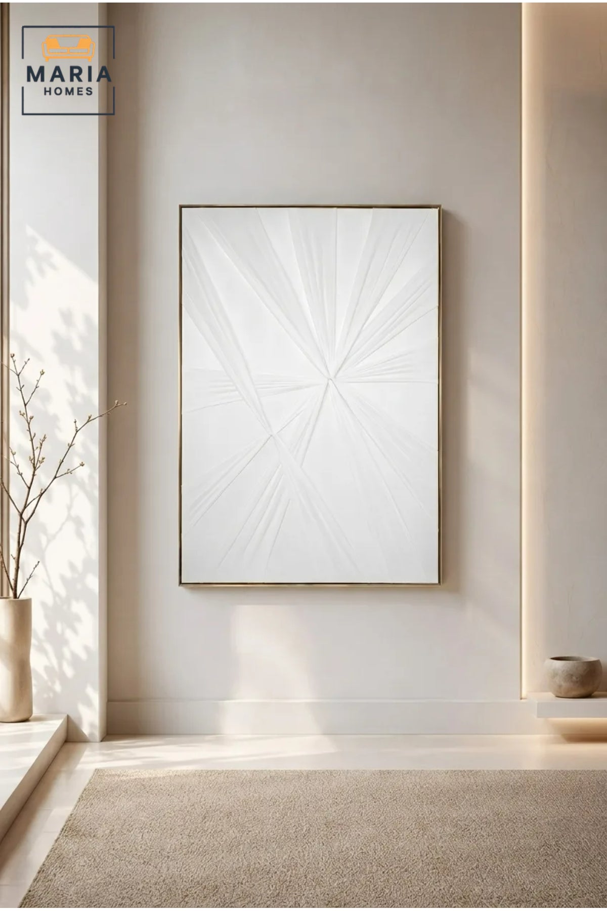 Modern White Geometric Textured Wall Art – Abstract 3D Framed Canvas for Contemporary Interior Décor