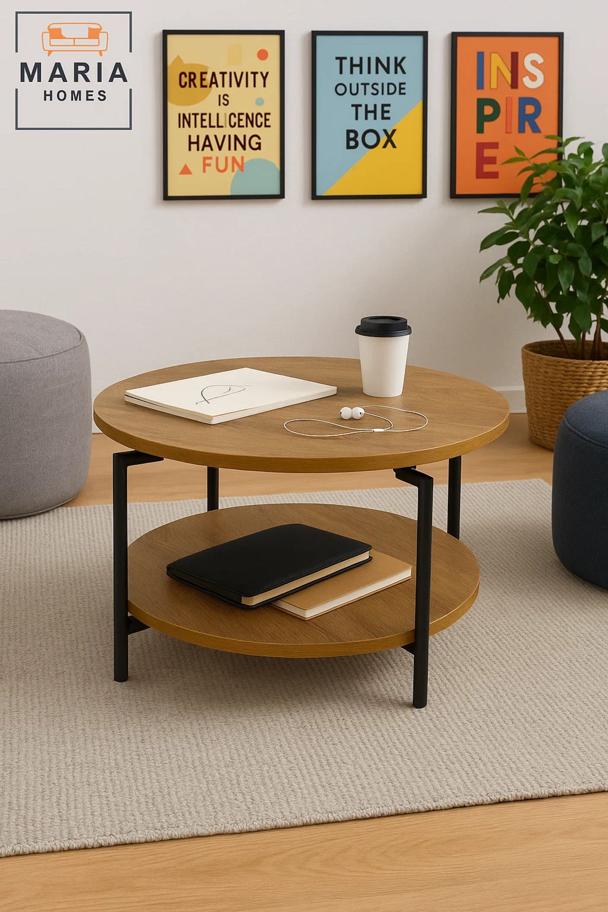 Round oak-finish coffee table with lower shelf and black frame