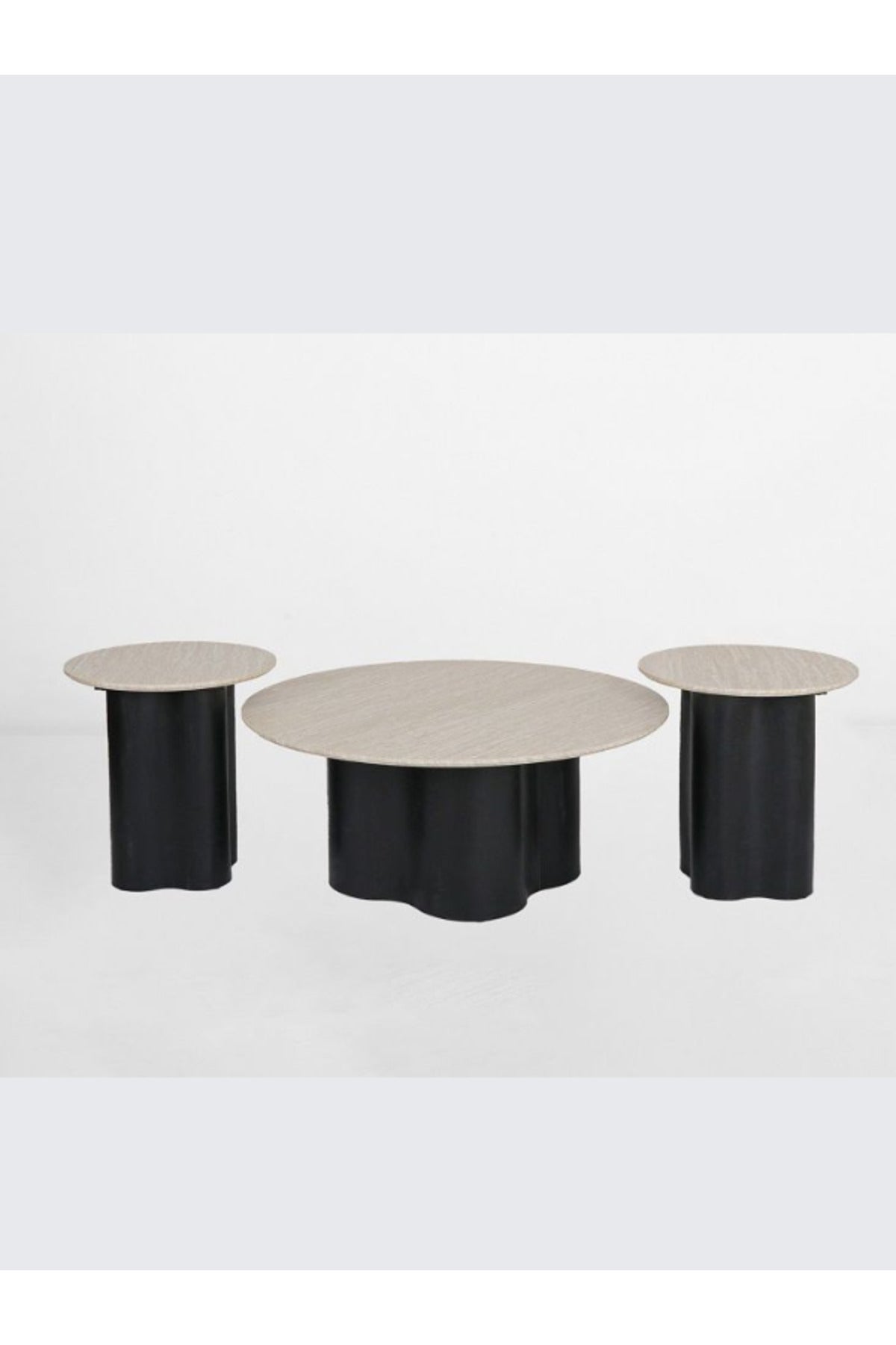 3Piece Round Coffee Table Set Beige Marble Top with Black Base 1 Large + 2 Small Modern Tables