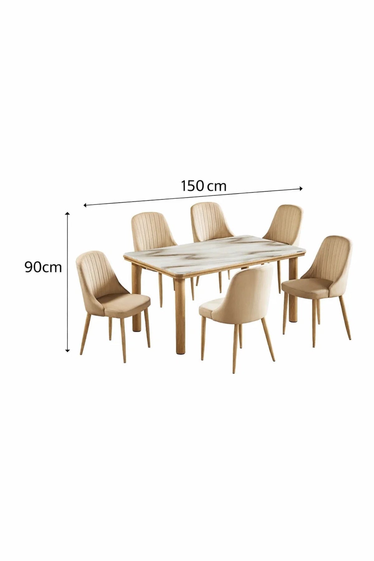 Elegant 7 Piece Dining Table Set Faux Marble Top 6 Beige Velvet Chairs Solid Wood Legs Modern