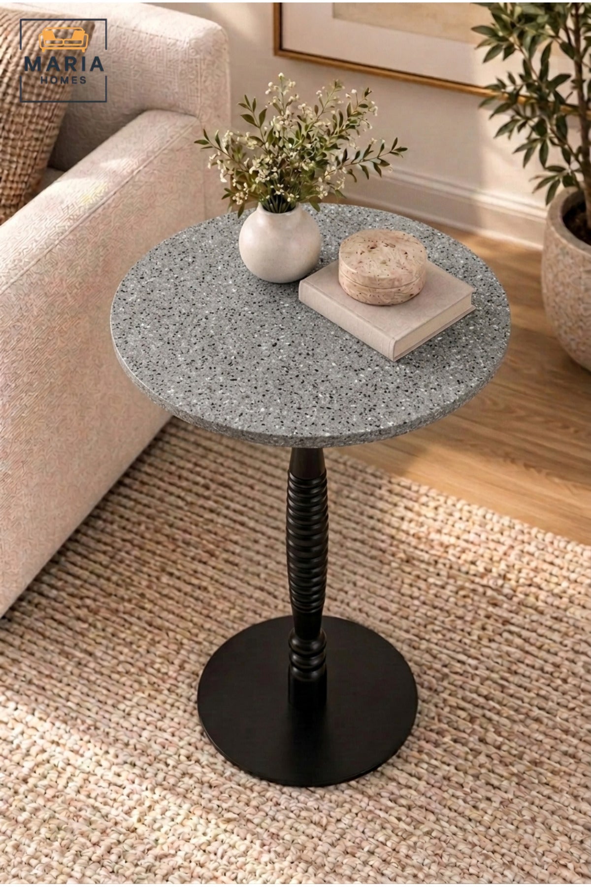 Modern Round Side Table with Grey Top, Decorative Black Pedestal Base, Compact Accent Table for Living Room, Bedroom, Sofa Side & Lounge – 40 × 60 cm