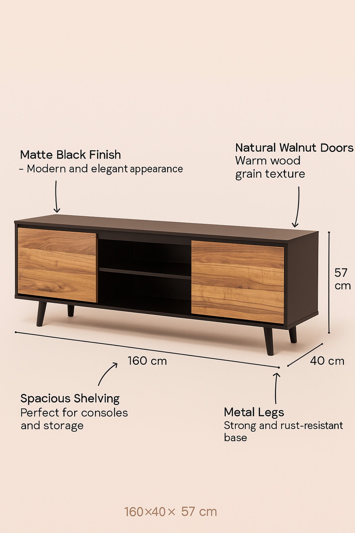 Modern Black & Wood TV Cabinet 160_40_57 cm Sleek Entertainment Unit with Sliding Doors