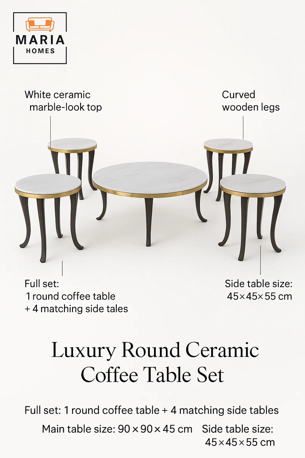 Ceramic Marble Tea Table Set 1+4 – Round Coffee Table and Side Tables 90×90×45 / 45×45×55