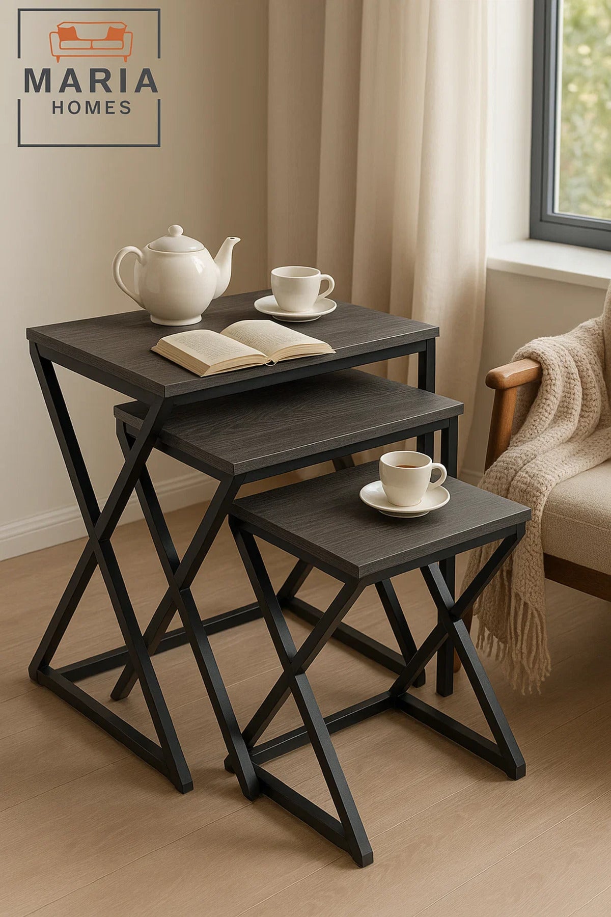 3-Piece Nesting Table Set with Dark Wood Tops and X-Style Bases