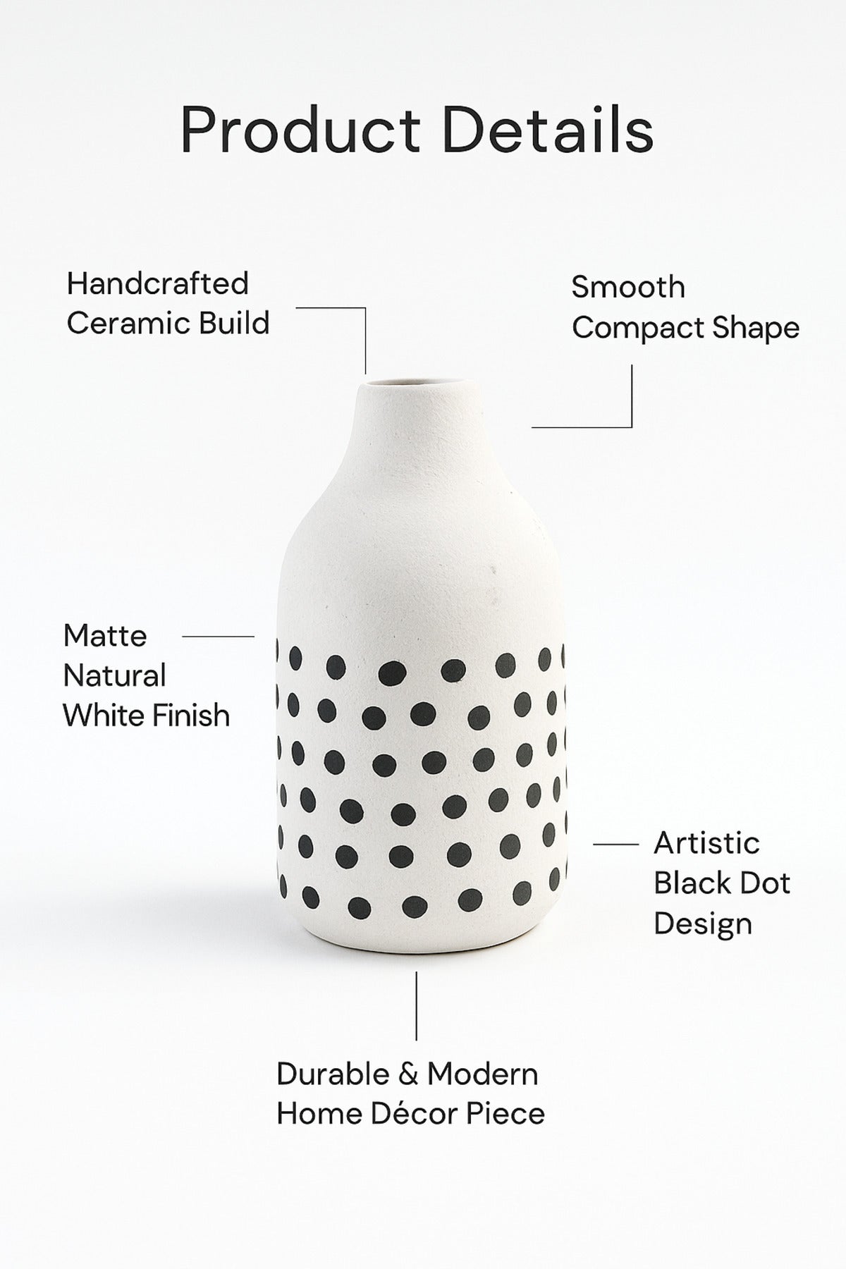 Natural White Ceramic Vase with Black Dots Ð Mini Cylinder Decorative Vase