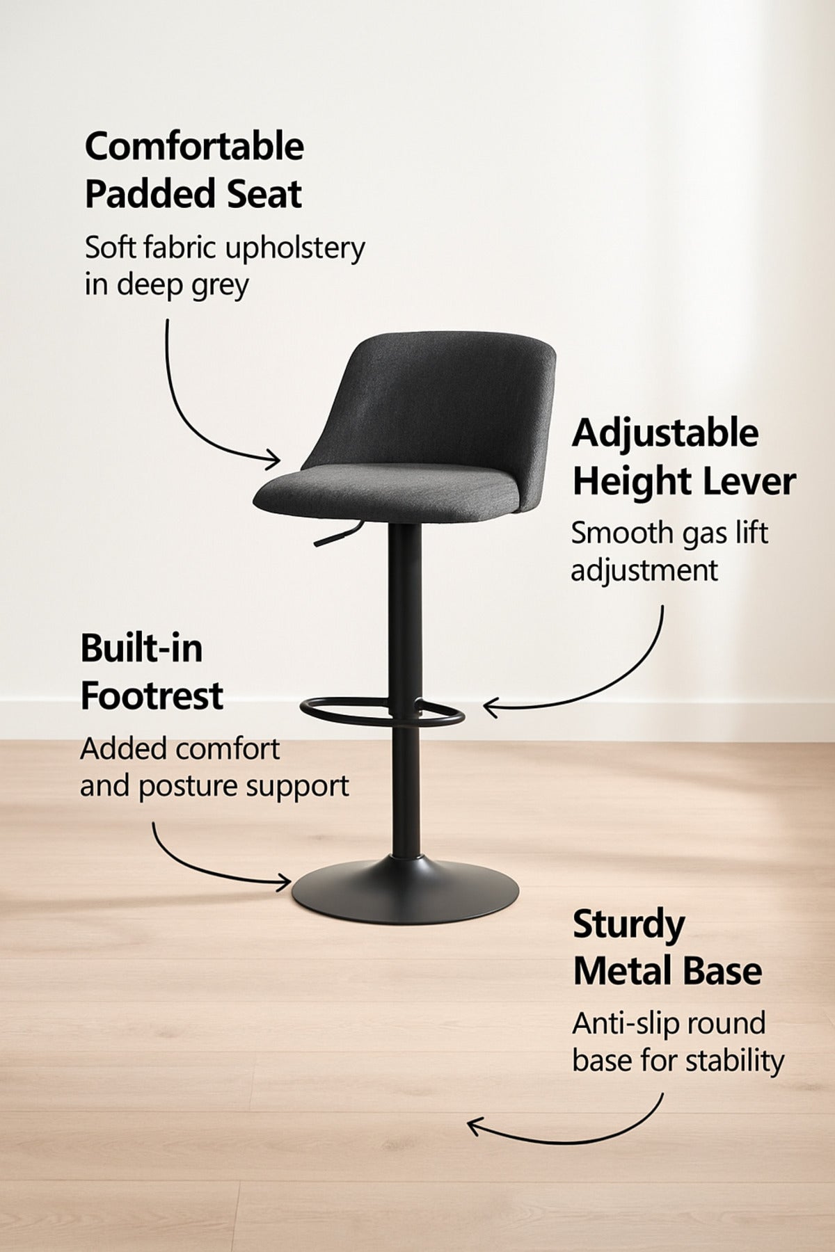 Deep Grey Adjustable Bar Stool with Backrest & Footrest Ð Modern Counter Chair