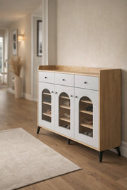 Elegant Wooden Shoe Cabinet Sideboard with Arched Glass Doors and Drawers for Hallway Storage