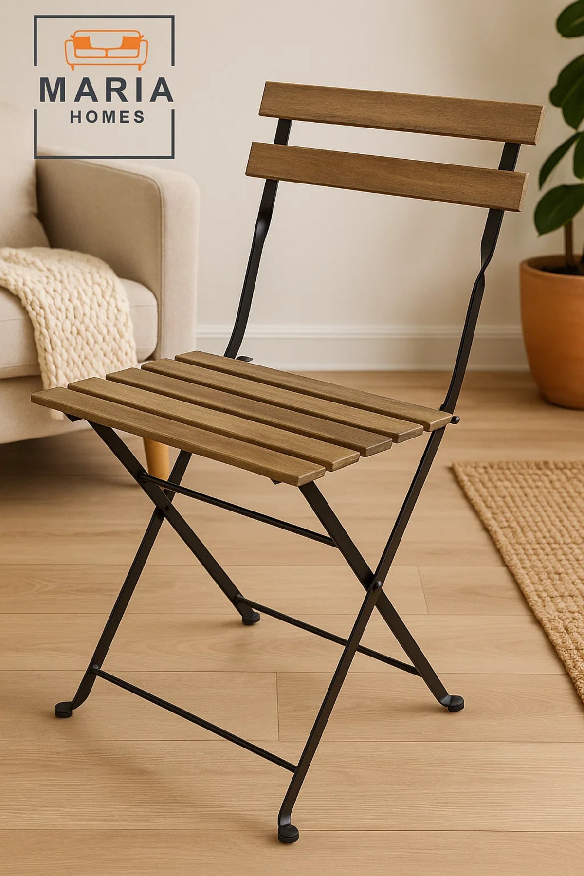 Folding Wooden Bistro Chair Ð Rustic Outdoor & Indoor Seating with Black Metal Frame