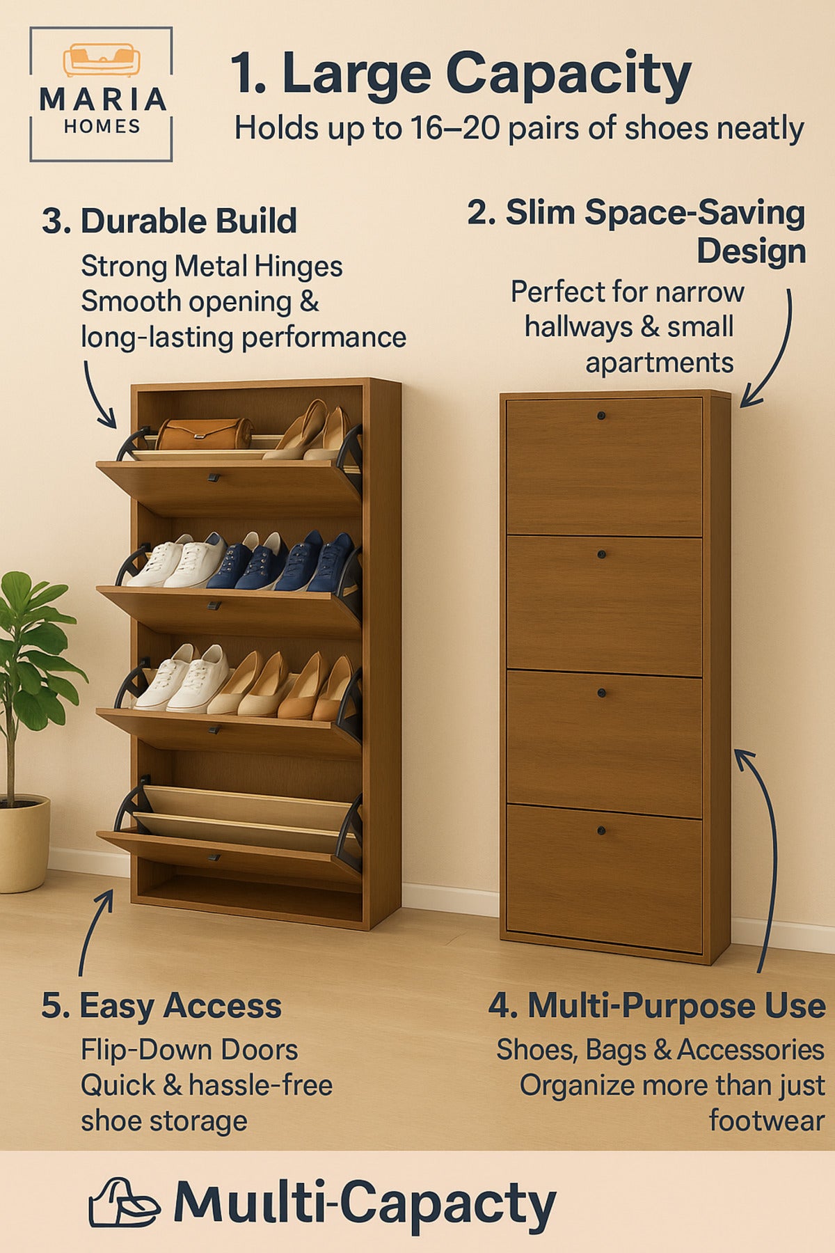 Modern Wooden Shoe Cabinet Ð 4 Flip Drawers Space Saving Shoe Rack Organizer 62_25_158 cm Brown