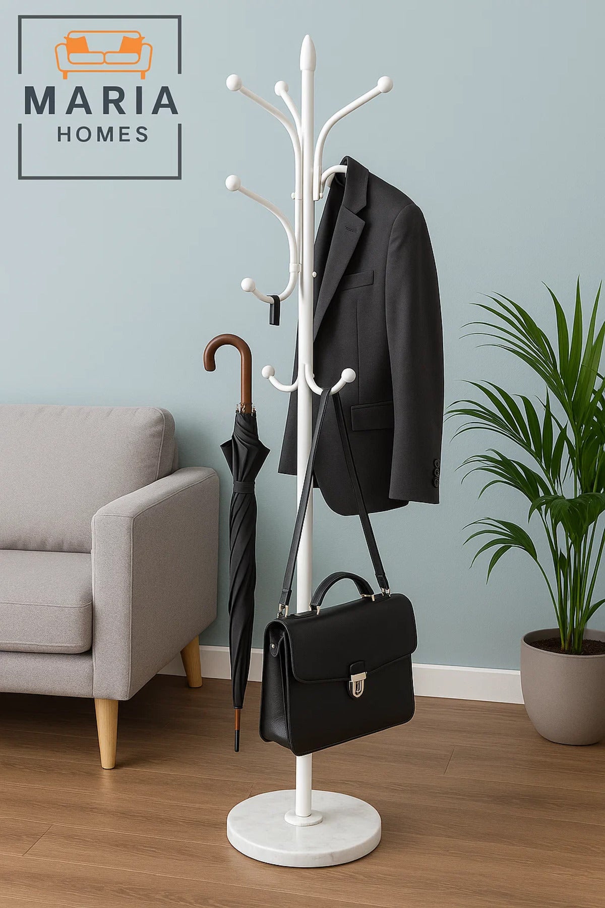 White Metal Coat Rack with Curved Arms and Marble-Look Base