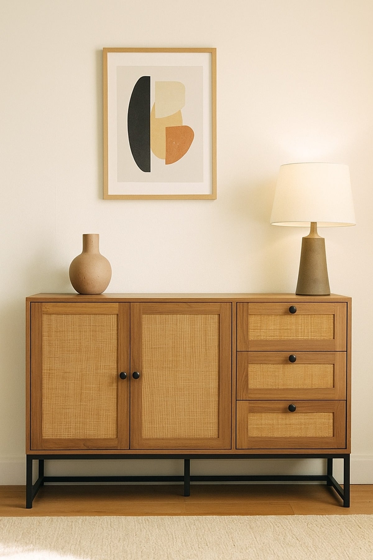 Walnut Rattan Console Table 120_40_85 cm Ð Modern Wooden Storage Cabinet with 2 Doors and 3 Drawers