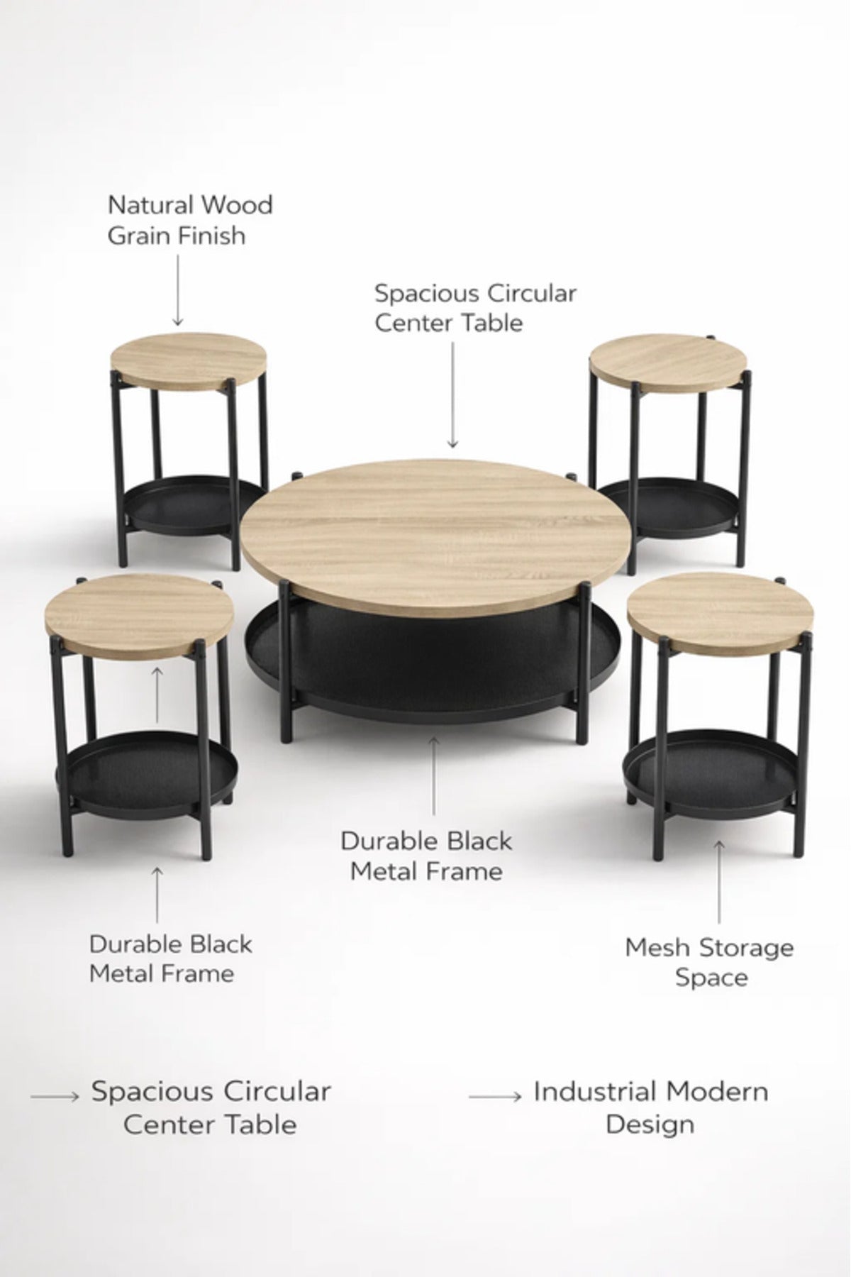 Round Wood Coffee Table Set with 4 Side Tables and Storage Shelf 90 _ 90 _ 45 cm