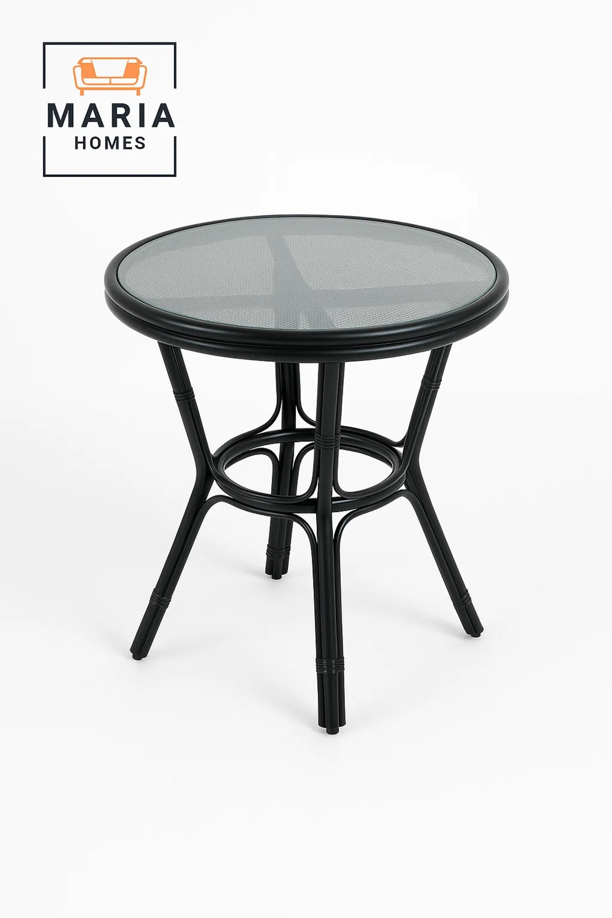 Round Black Rattan Bistro Table with Tempered Glass Top