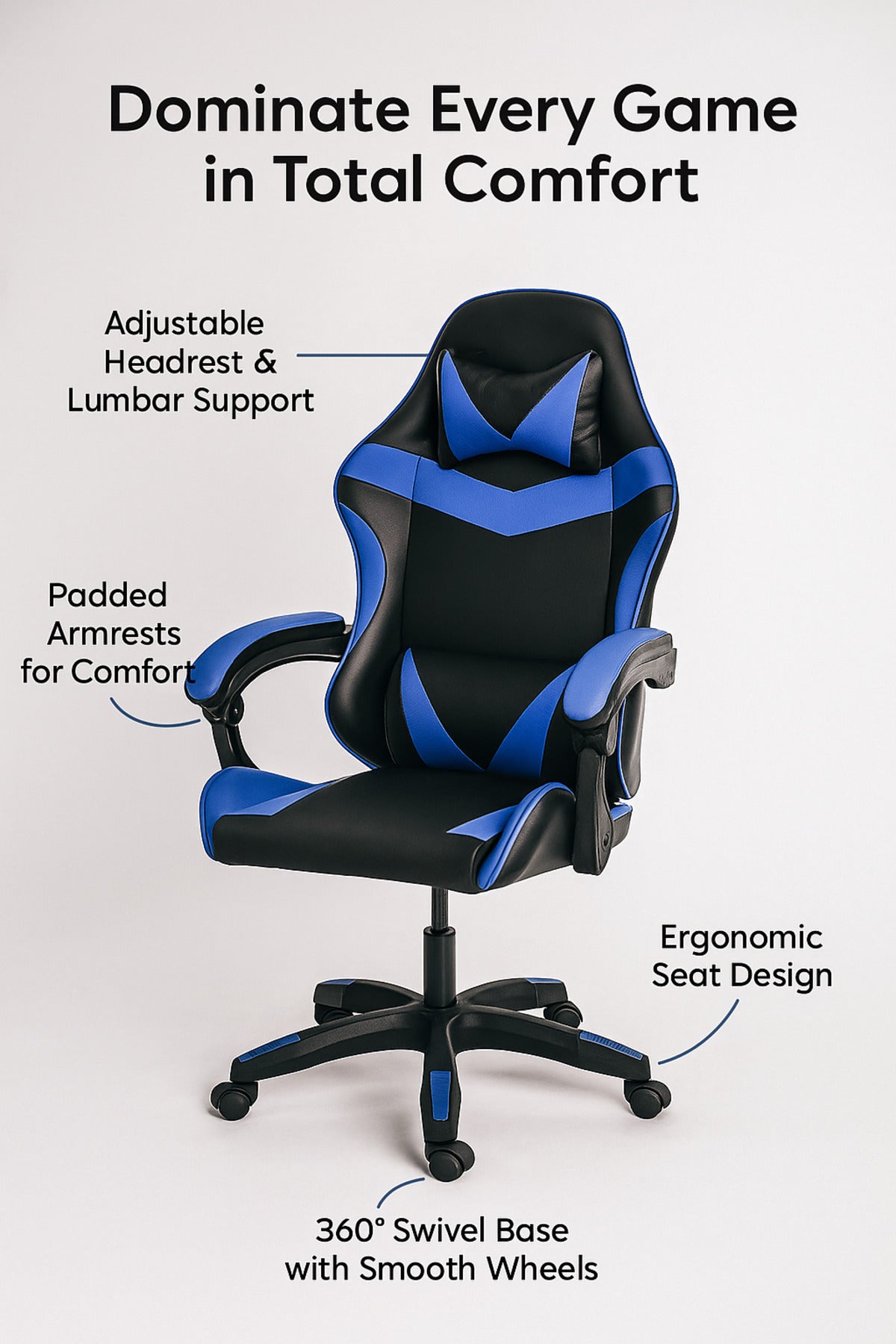 Blue and Black Gaming Chair Ergonomic Chair with Adjustable Height Swivel Base & Lumbar Support