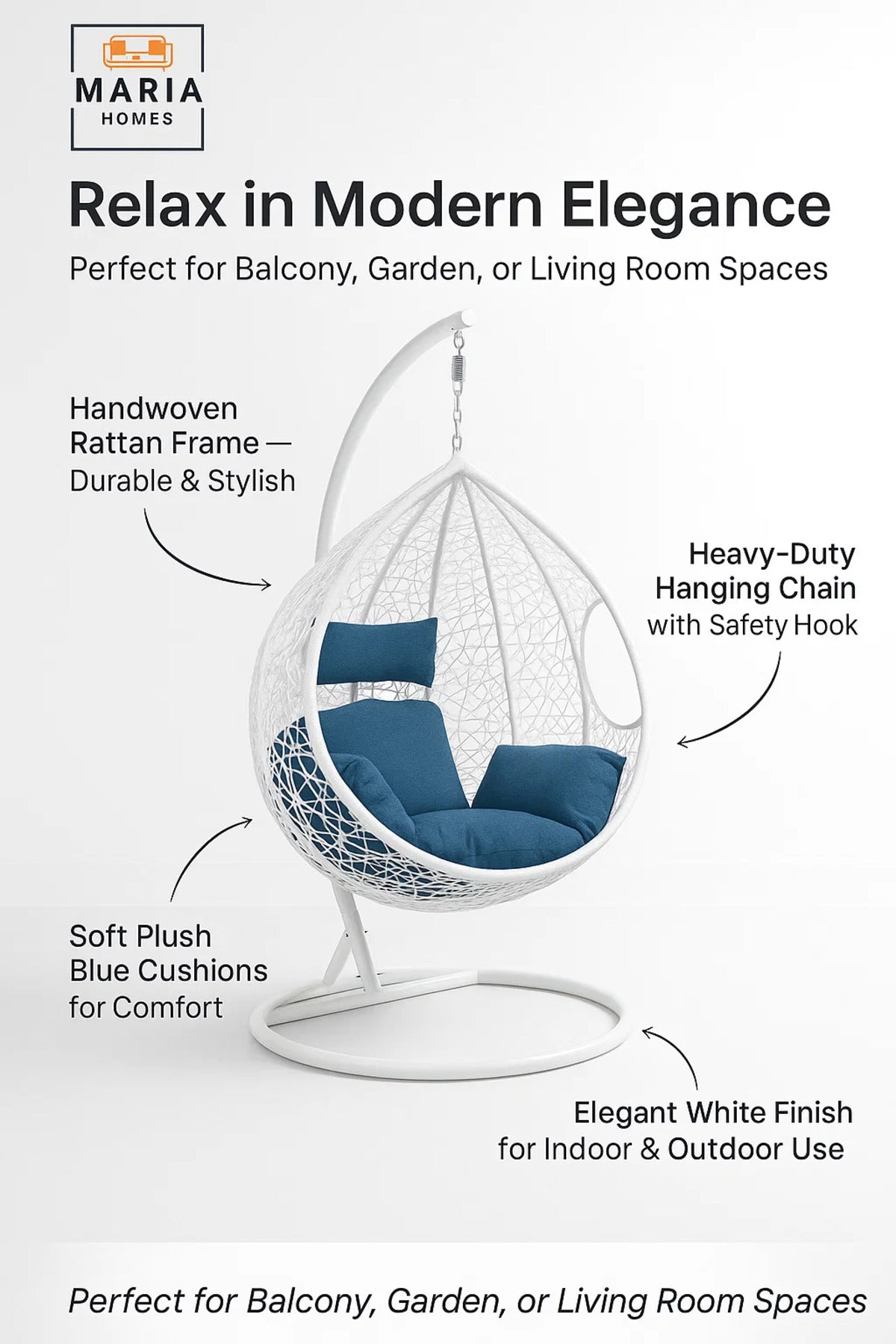 White Hanging Swing Chair with Blue Cushion and Steel Stand for Balcony Garden Patio
