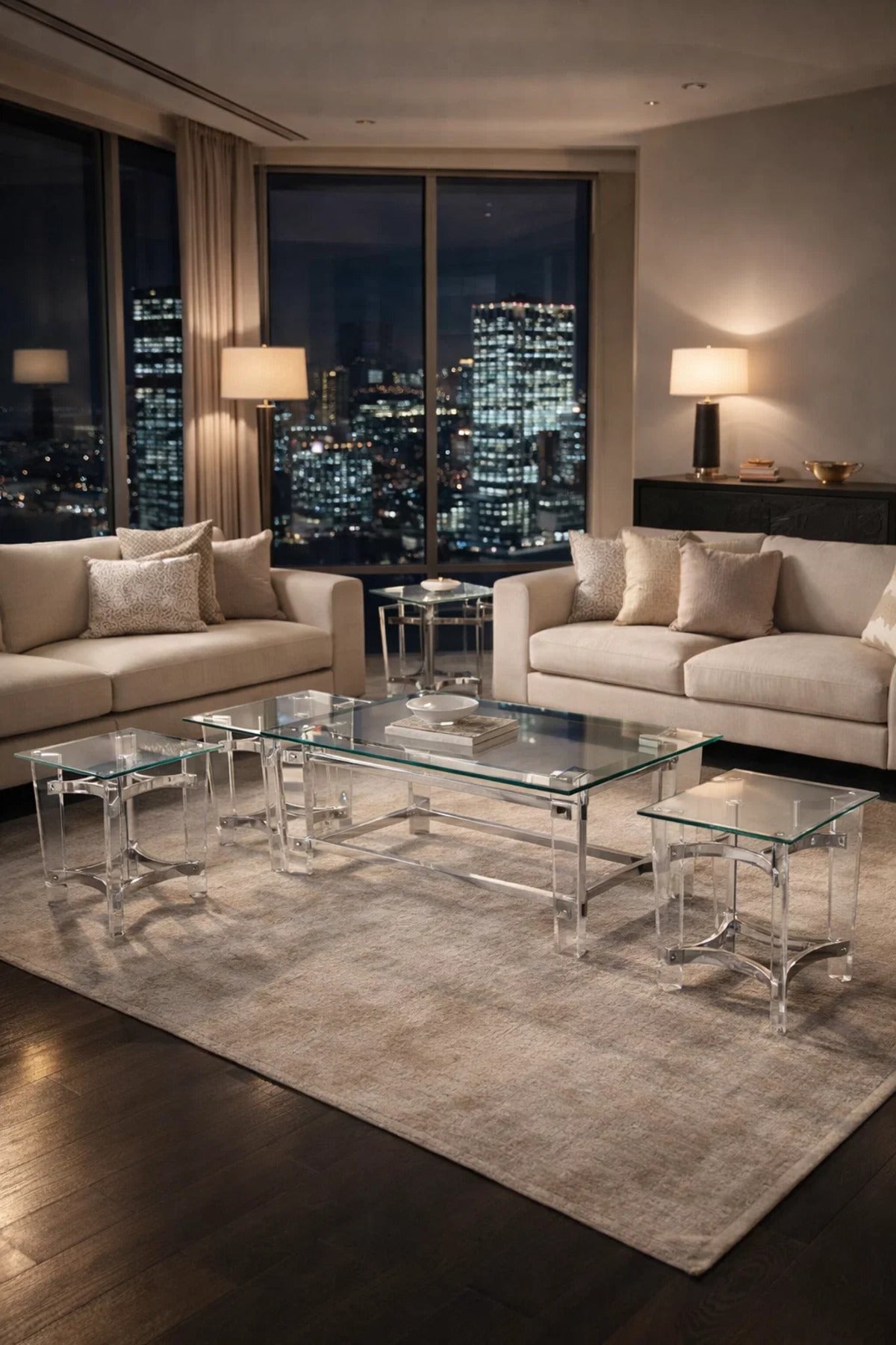 Sleek 5-Piece Glass Coffee Table Set with Silver Acrylic Base √ê Modern Living Room Furniture
