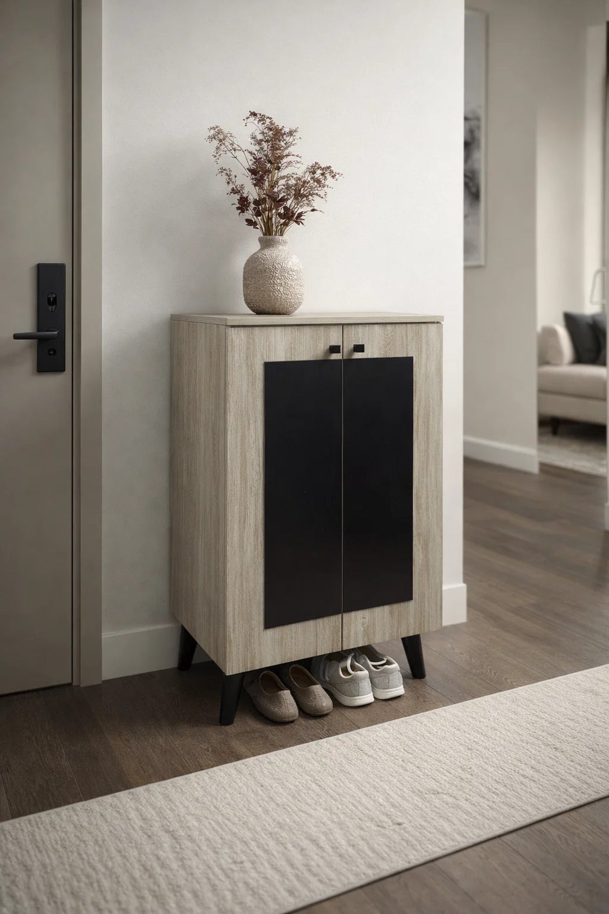 Modern Beige and Black Shoe Cabinet Storage Organizer for Entryway Hallway with Two Doors Design