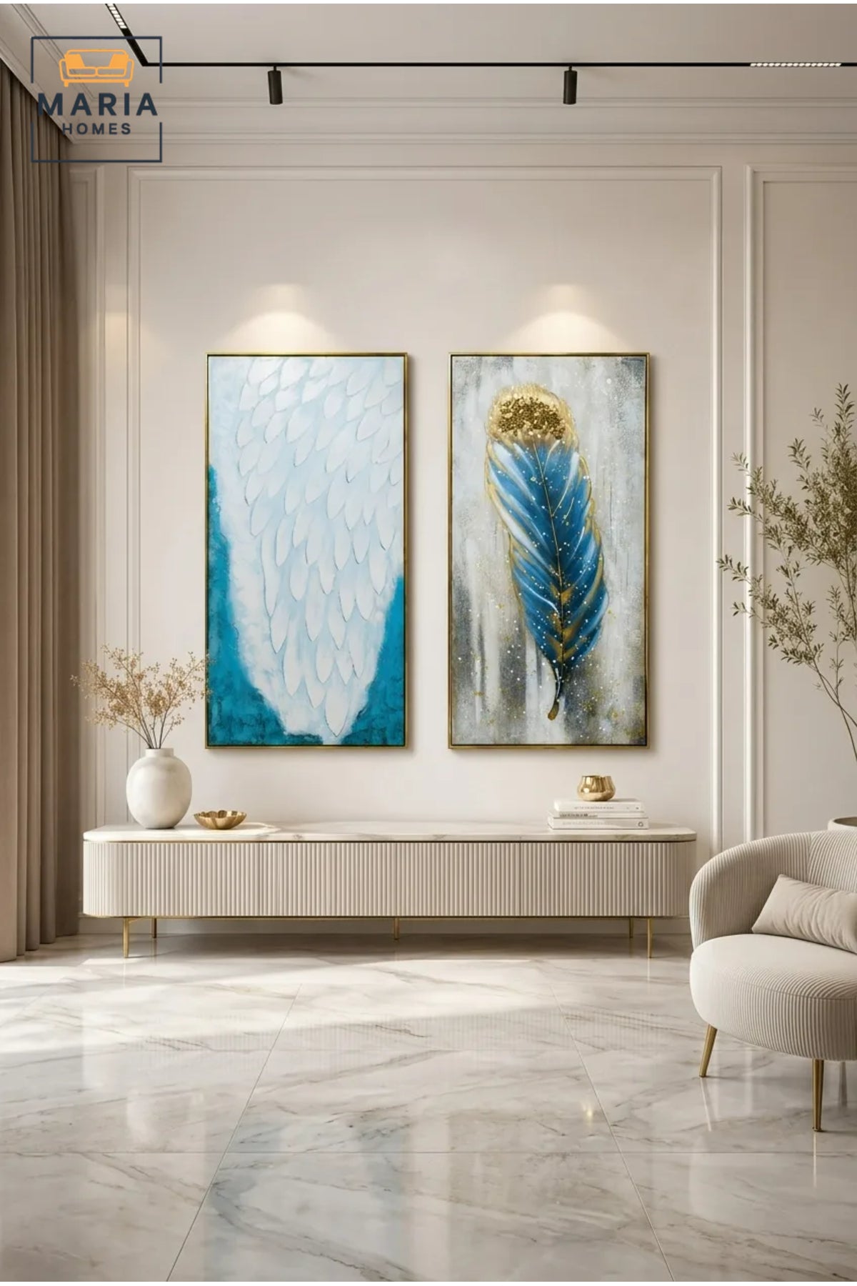 Modern Blue & White Feather Framed Wall Art Set of 2 Ð Elegant Decorative Painting for Living Room, Bedroom, Hallway & Office