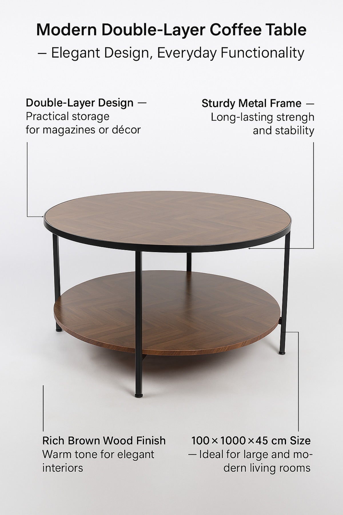 Round Brown Coffee Table with Wooden Shelves Modern Center Table with Black Metal Frame 100_45 cm