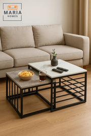 Modern Nesting Coffee Table Set Ð Marble Top with Black Metal Cage Frame