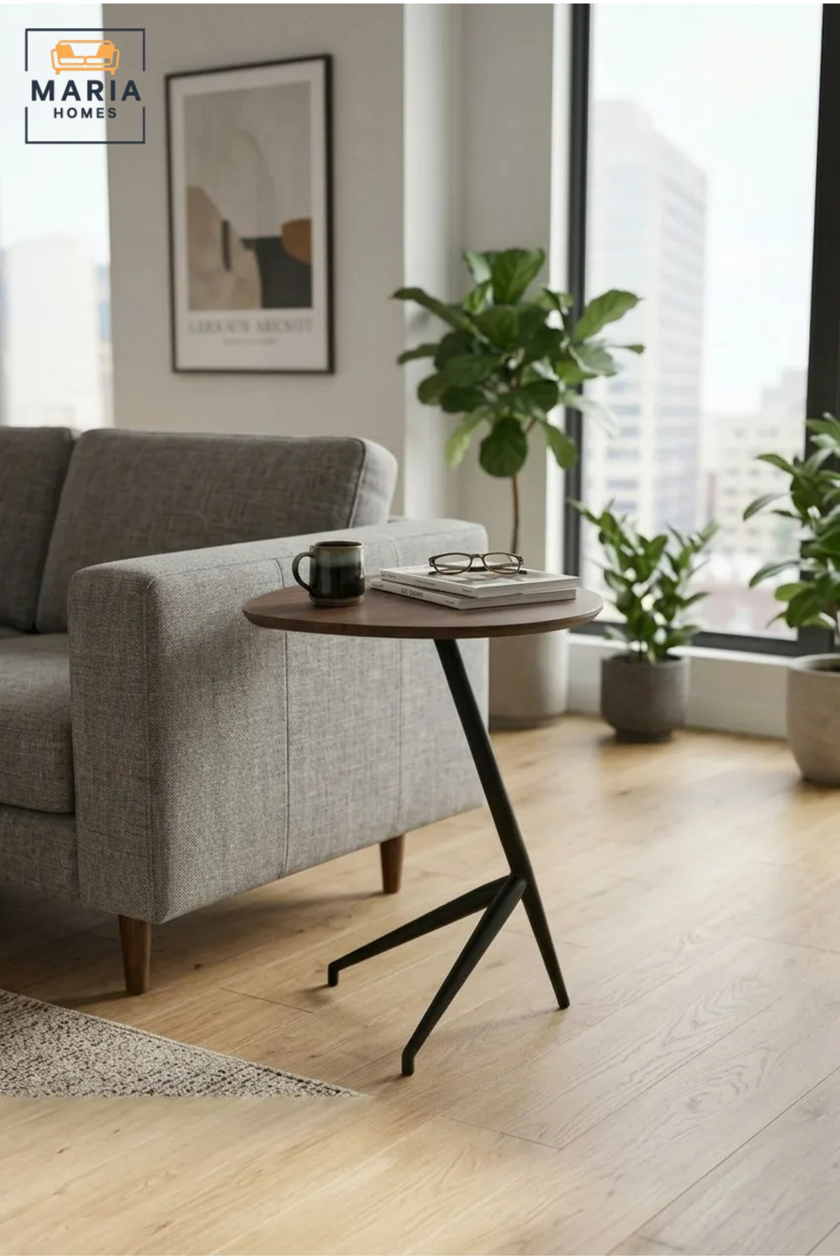 Modern Accent Side Table with Wooden Top & Geometric Base, Contemporary End Table for Living Room, Bedroom & Lounge