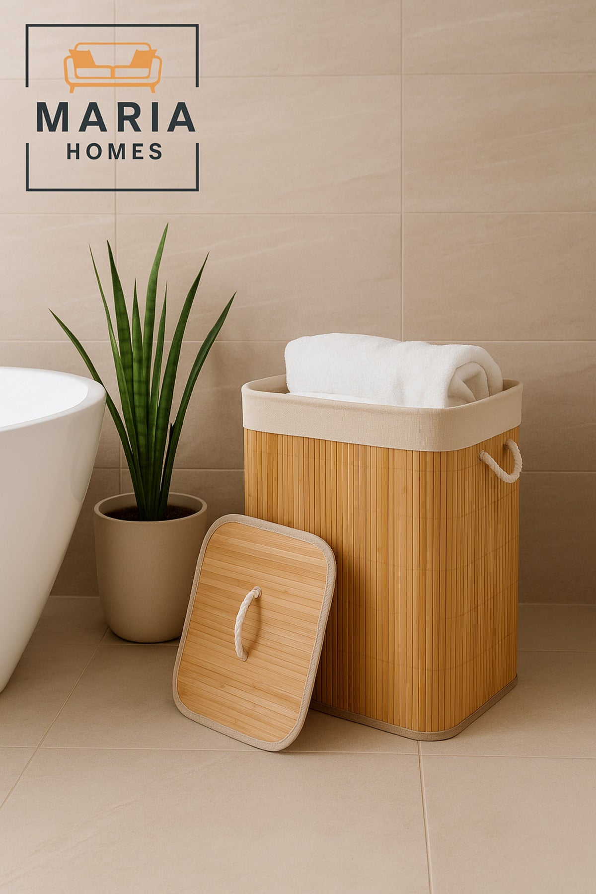 Natural Bamboo Laundry Basket with Lid & Rope Handles Ð 40_30_57 cm