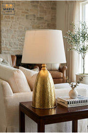 Luxury Hammered Gold Table Lamp with White Fabric Shade and Sculptural Dome Base for Bedroom, Living Room, Office, Hotel and Bedside Décor