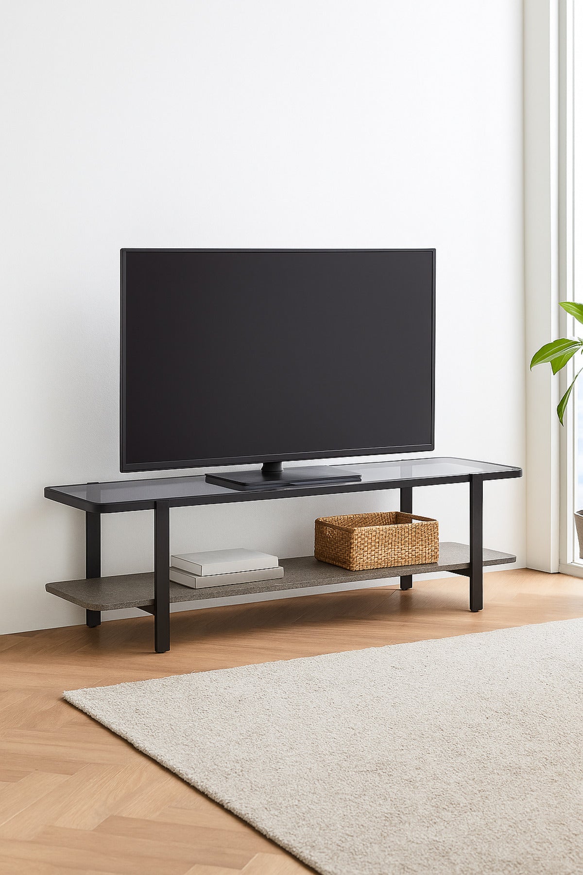Modern Glass Top TV Stand with Storage Shelf Ð Gray, 160_40_50 cm