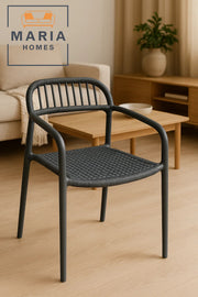 Grey Woven Plastic Chair with Armrests Ð Modern Indoor Outdoor Rattan-Style Stackable Patio Seating