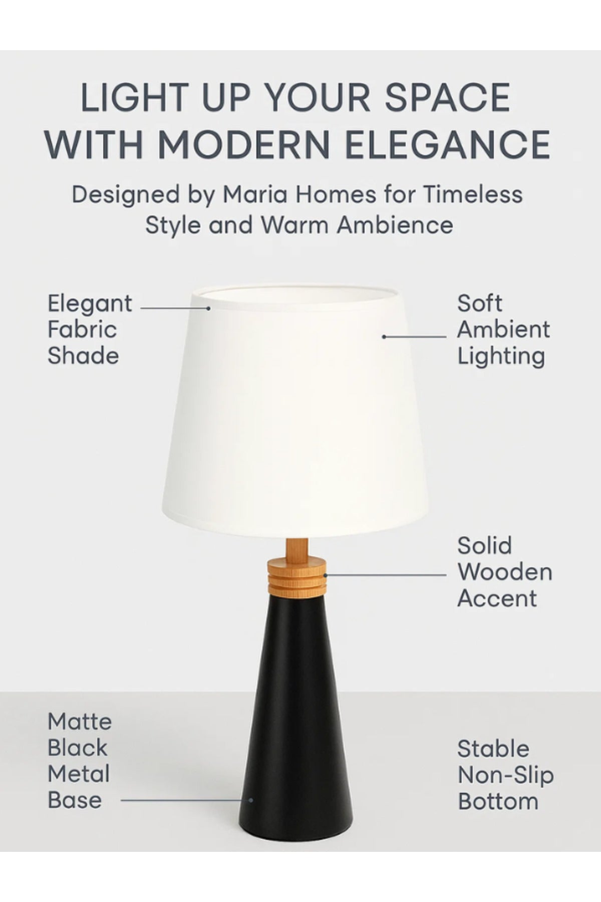 Modern Black Table Lamp Ð Wooden Base with White Fabric Shade for Bedroom & Living Room
