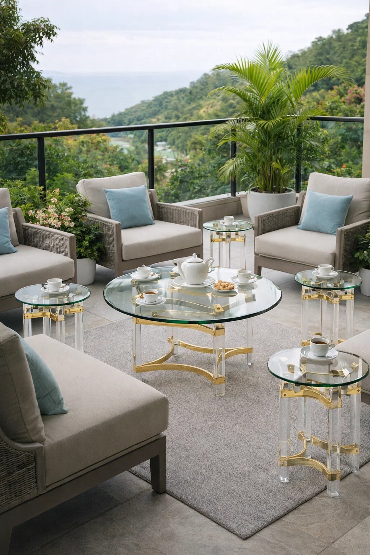 Luxury 5-Piece Glass Coffee Table Set with Gold Acrylic Base √ê Modern Design for Living Room