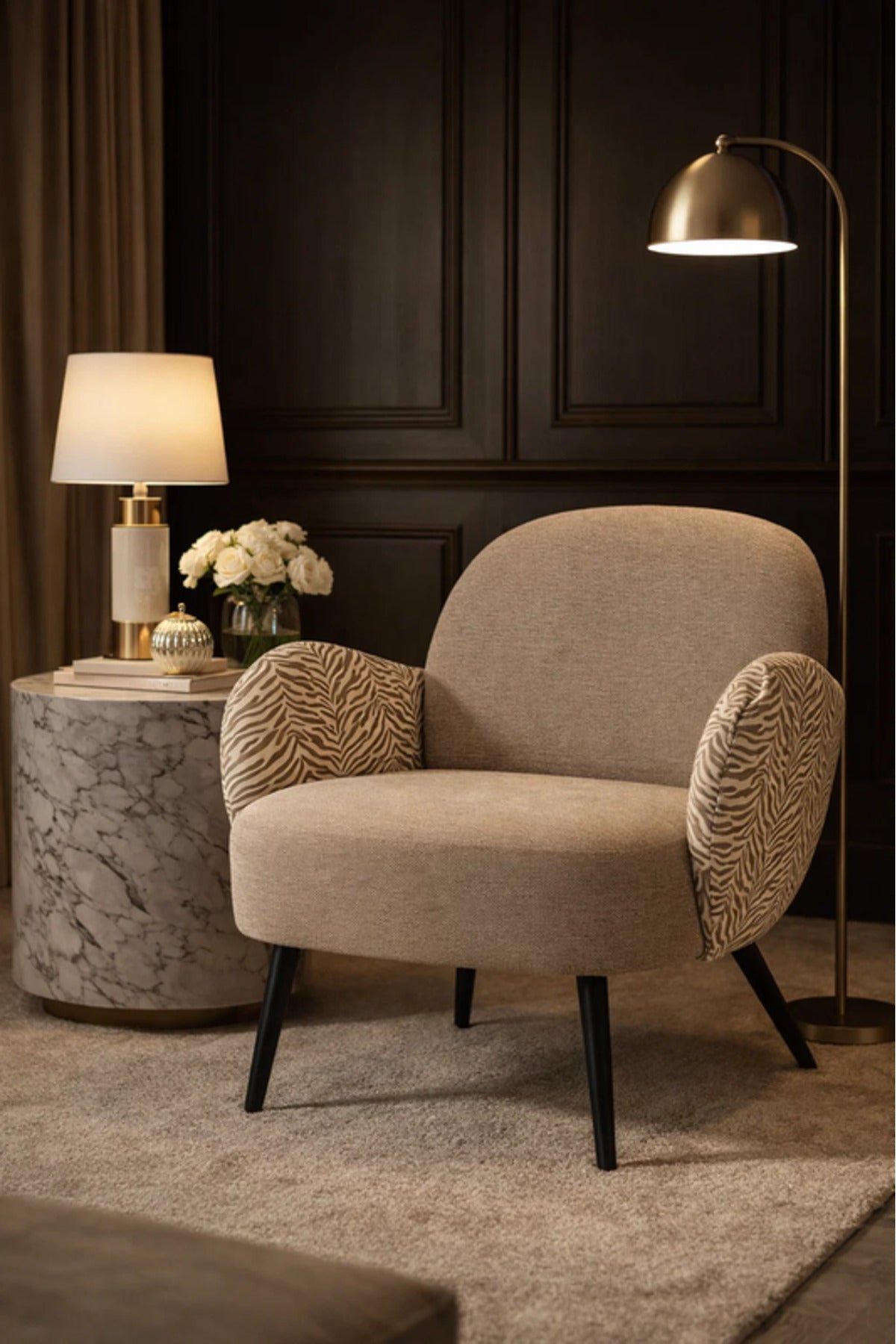 Modern Gray Upholstered Accent Armchair with Patterned Armrests Living Room Chair