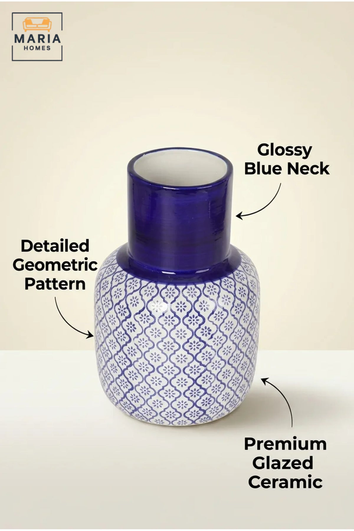 Blue and White Patterned Decorative Vase, Modern Ceramic Flower Holder with Tall Glossy Neck for Living Room, Bedroom, Office, Shelf and Table Décor