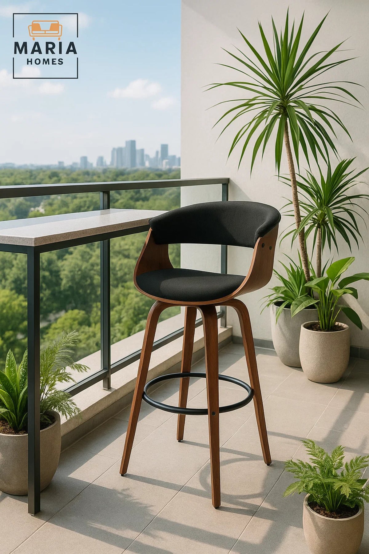 Black Swivel Bar Stool with Curved Wood Backrest, Upholstered Seat, Metal Footrest for Kitchen