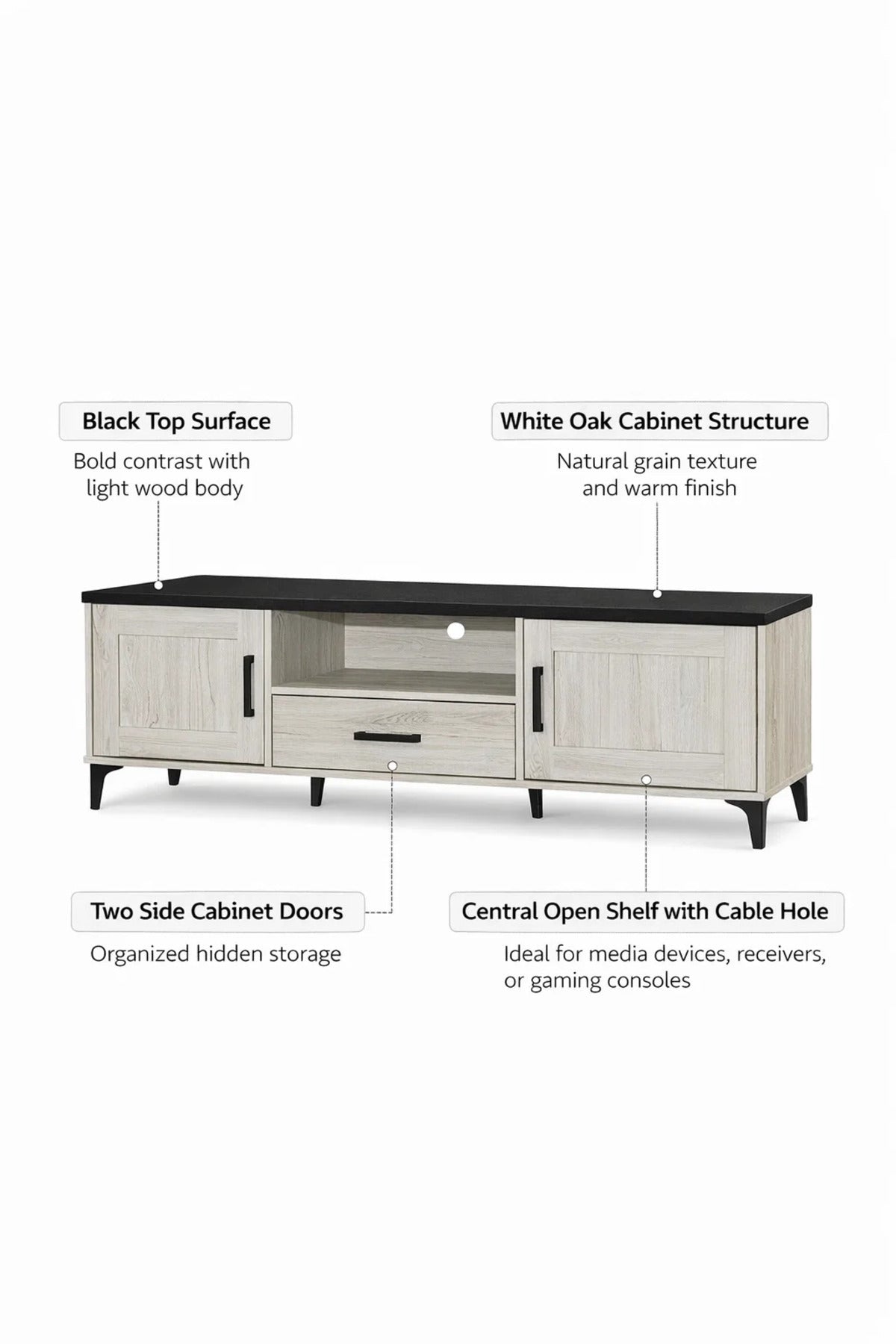 White Oak TV Stand √ê 160x40x50 cm Modern Wooden Plasma Table with Cabinets & Drawer
