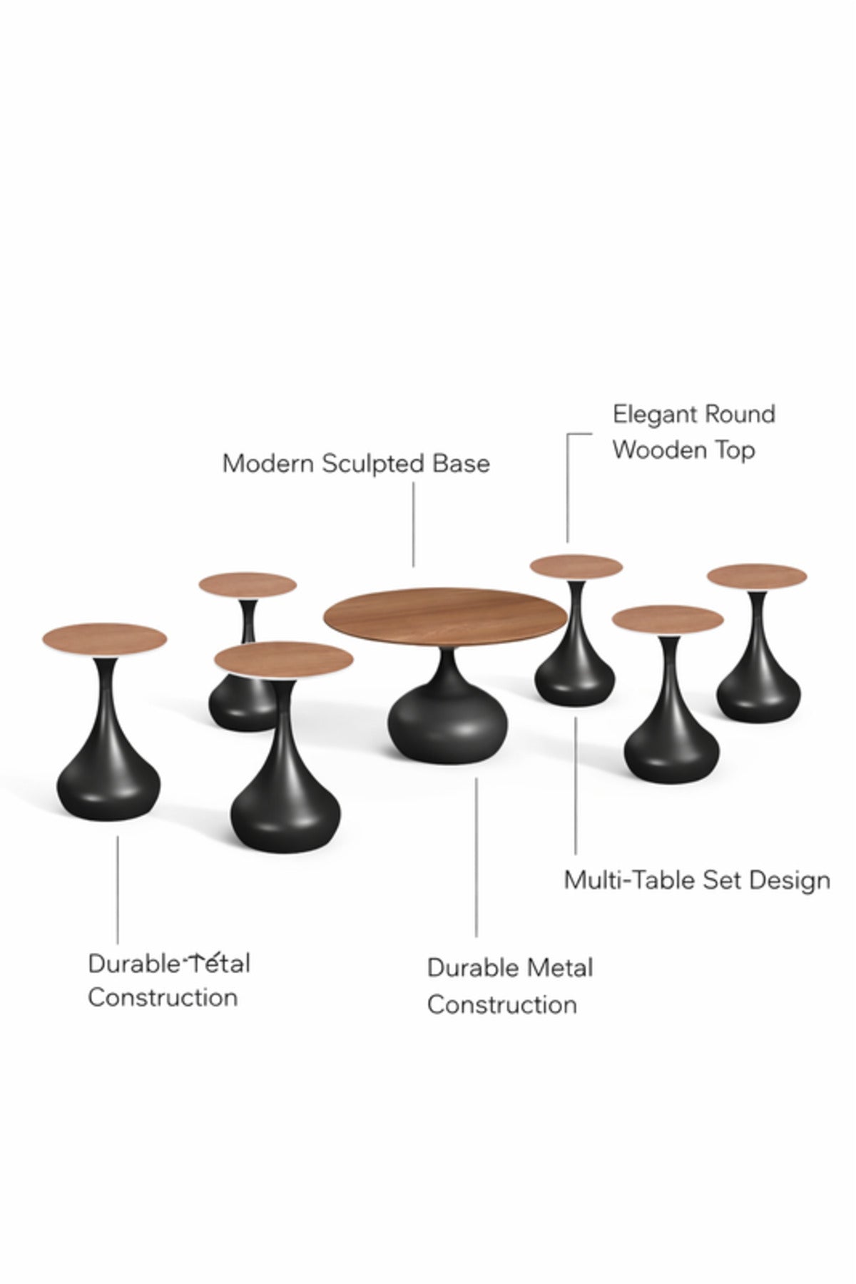 Round Light Brown Coffee Table Set with 6 Side Tables 80 _ 80 _ 48 cm