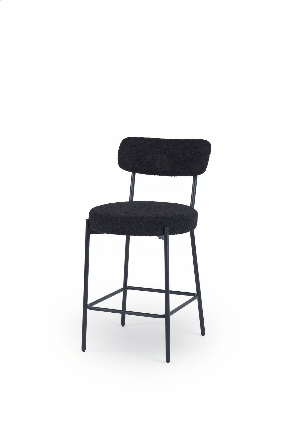 Black Boucle Counter Bar Stool with Metal Frame, Upholstered Round Seat for Kitchen Island