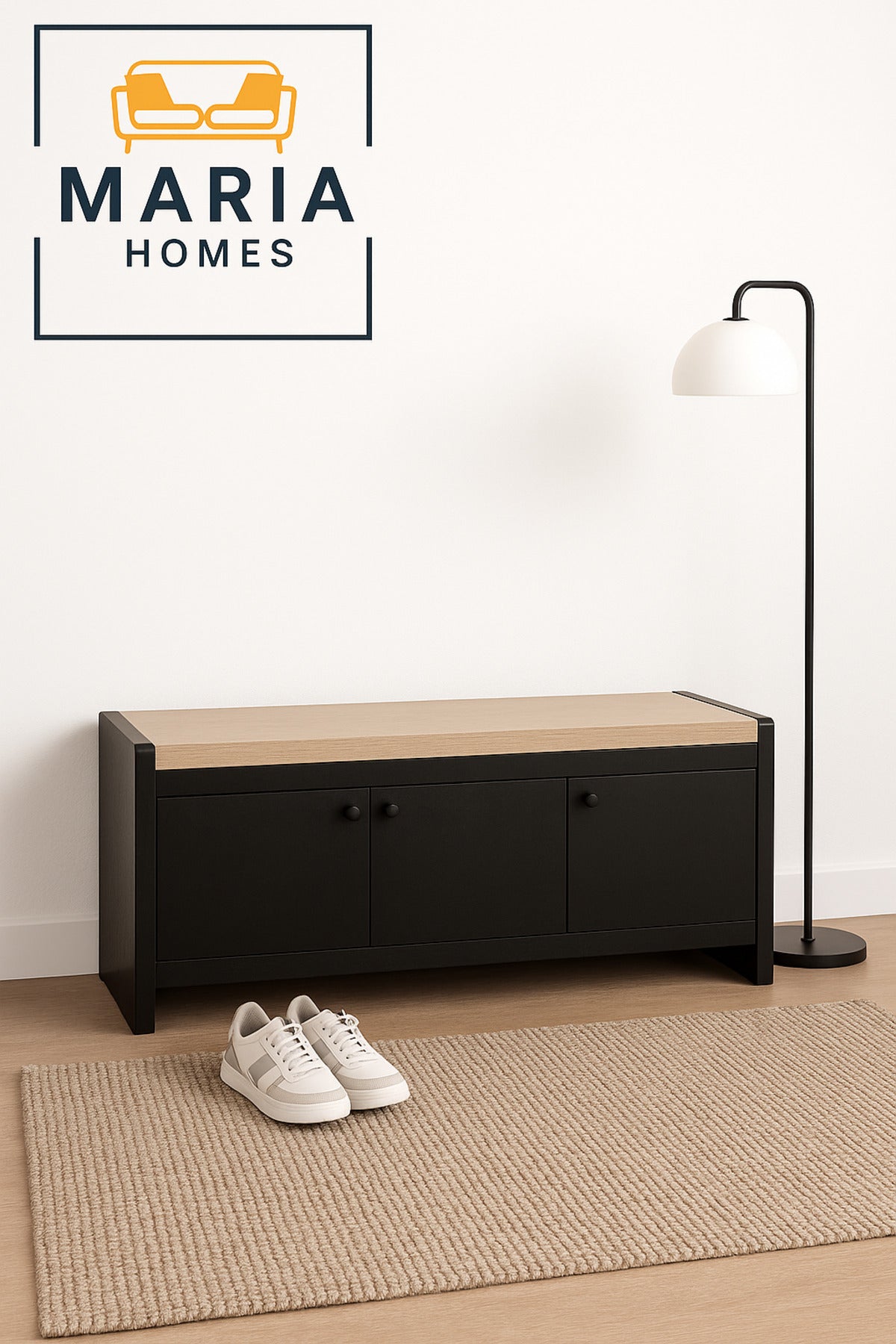 Black Wooden Storage Bench with Cushion Seat Ð Entryway Shoe Cabinet (120_40_52 cm)
