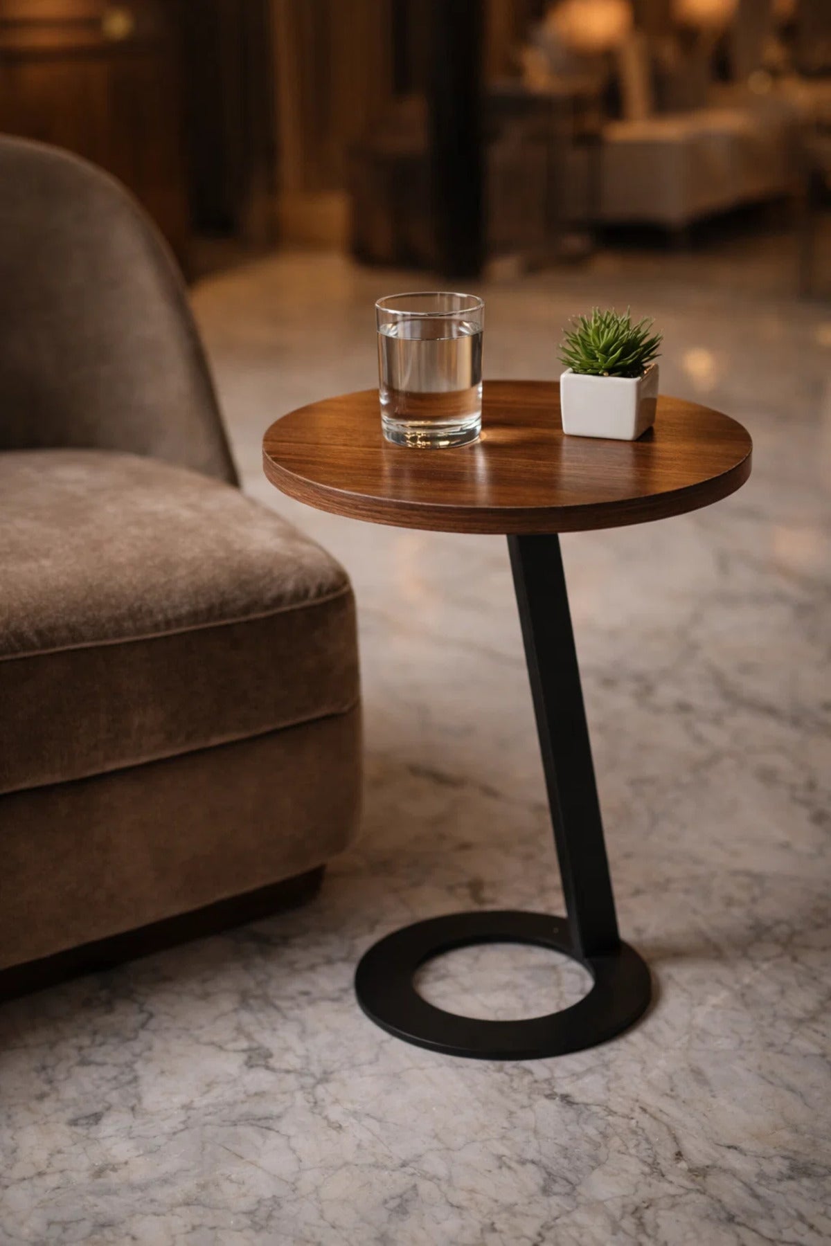 Brown Round Side Table 45_45_60 CM Wooden Top with Black Metal Base brown round side