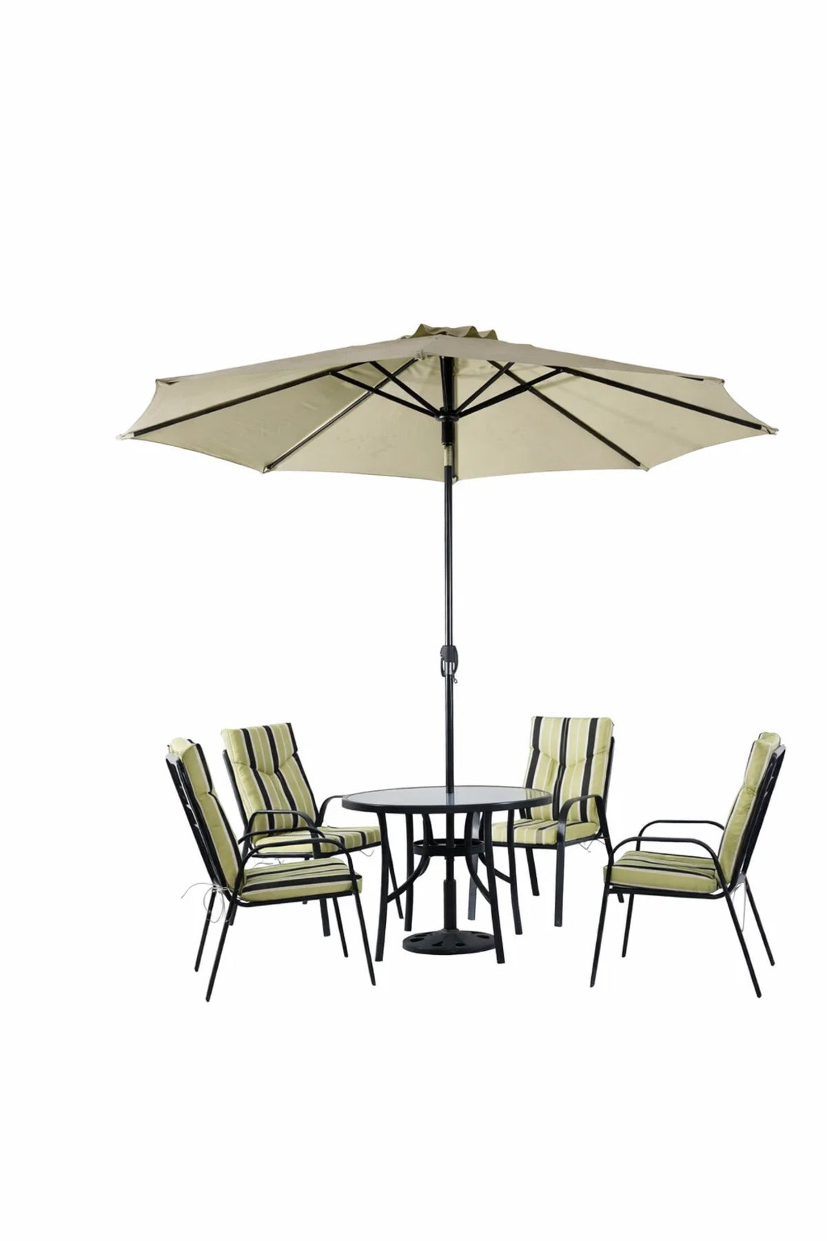 Modern Outdoor Garden Dining Set with Parasol Round Table and Four Comfortable Striped Chairs