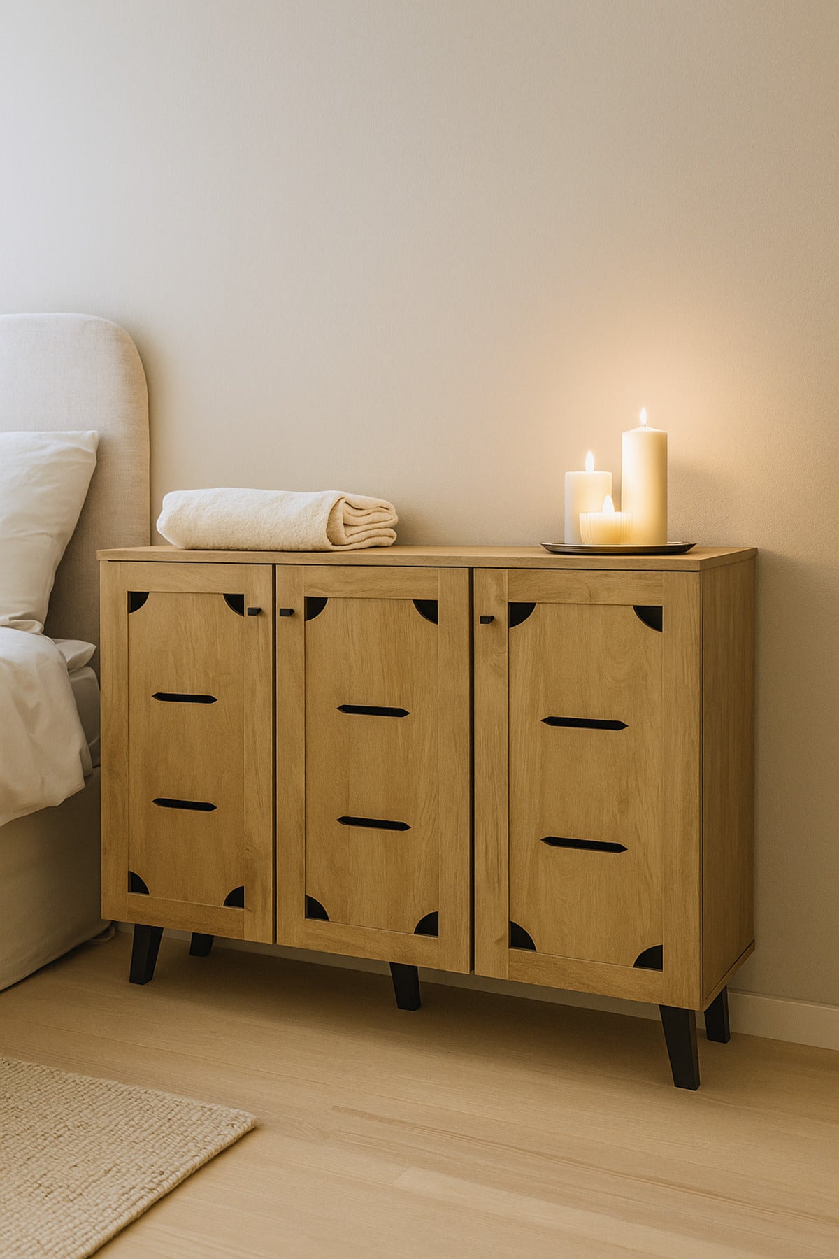 Light Brown Wooden Sideboard Cabinet Ð 3-Door Storage Unit with Modern Cutout Design 120_32_94 cm