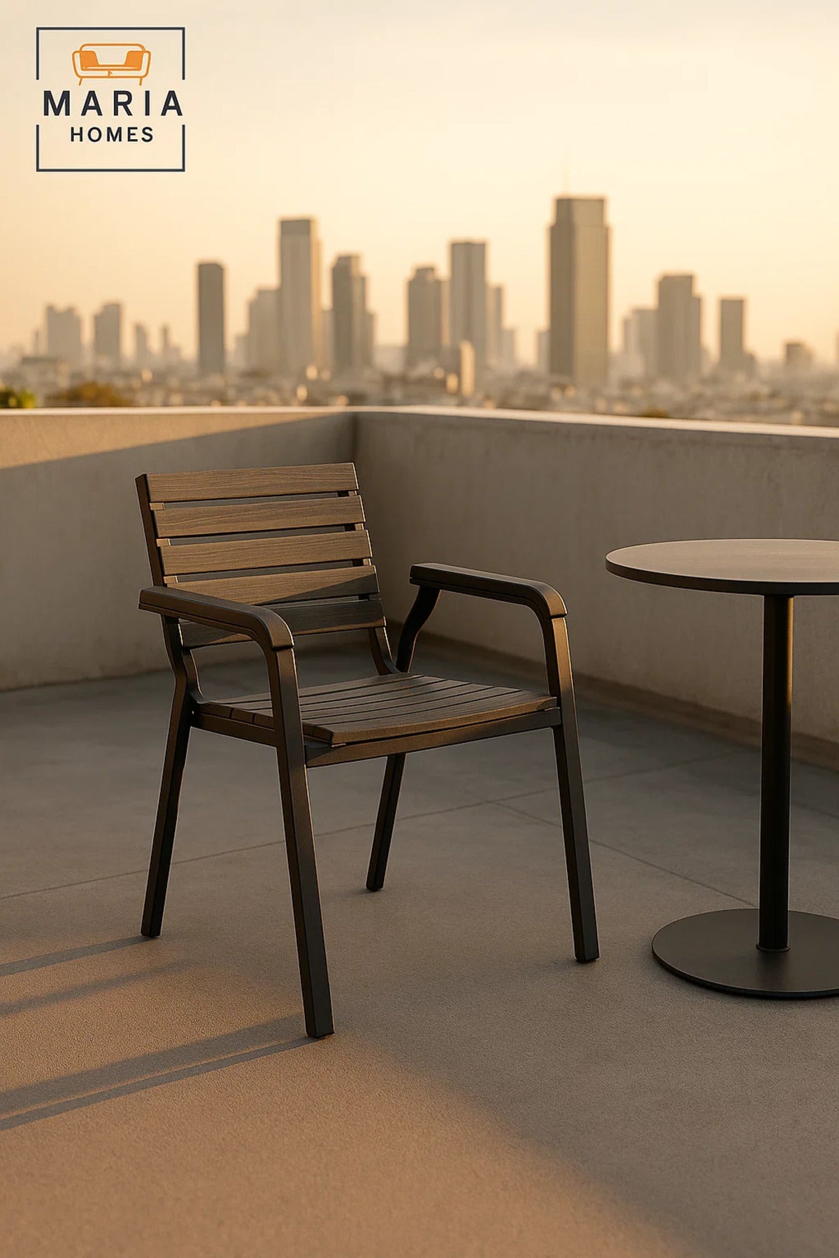 Dark Grey Outdoor Dining Armchair Metal Frame Wooden Look Garden Balcony Patio Durable Chair