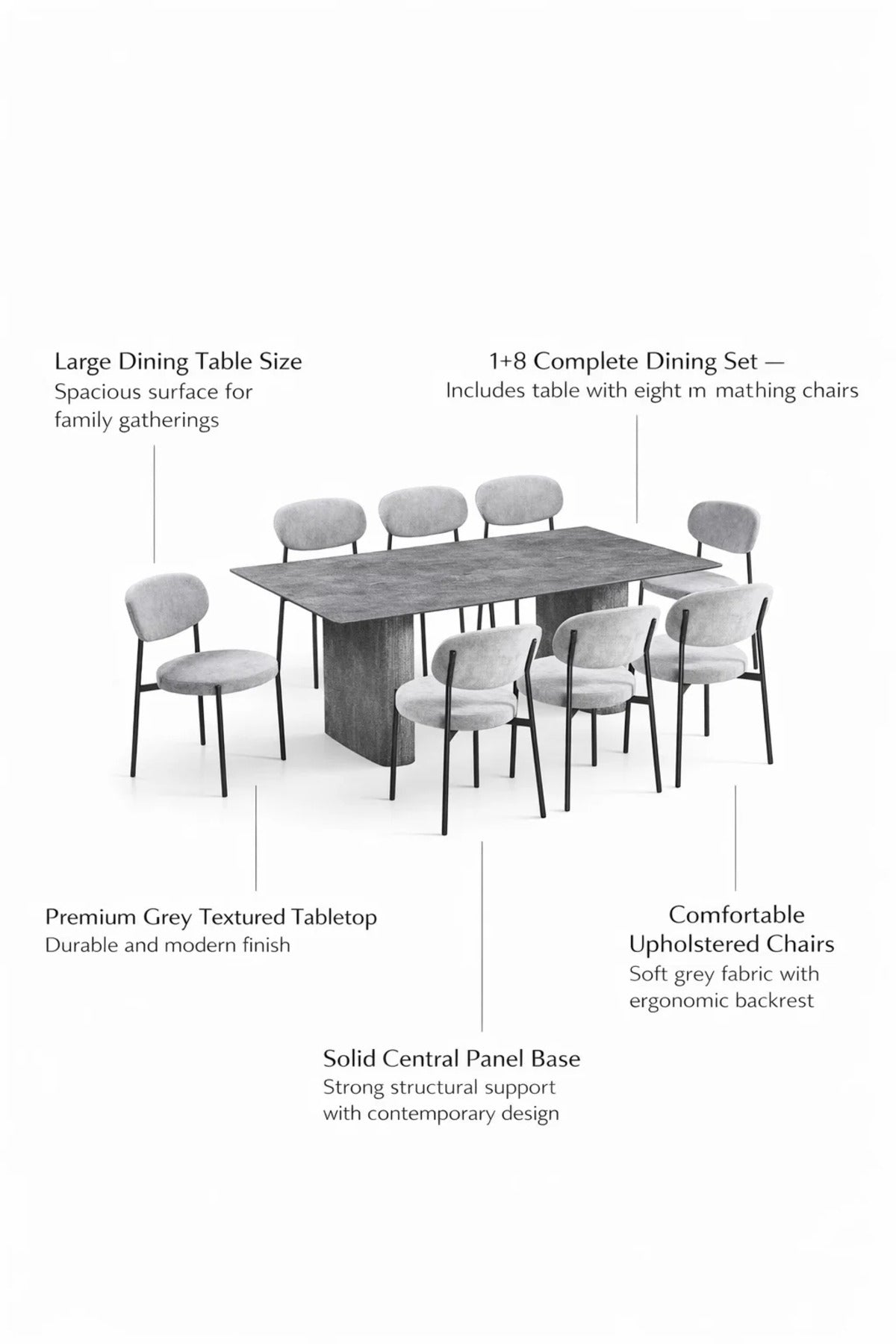 Luxury 8-Person Grey Dining Table Set with Modern Stone Effect Top and Upholstered Chairs for Home