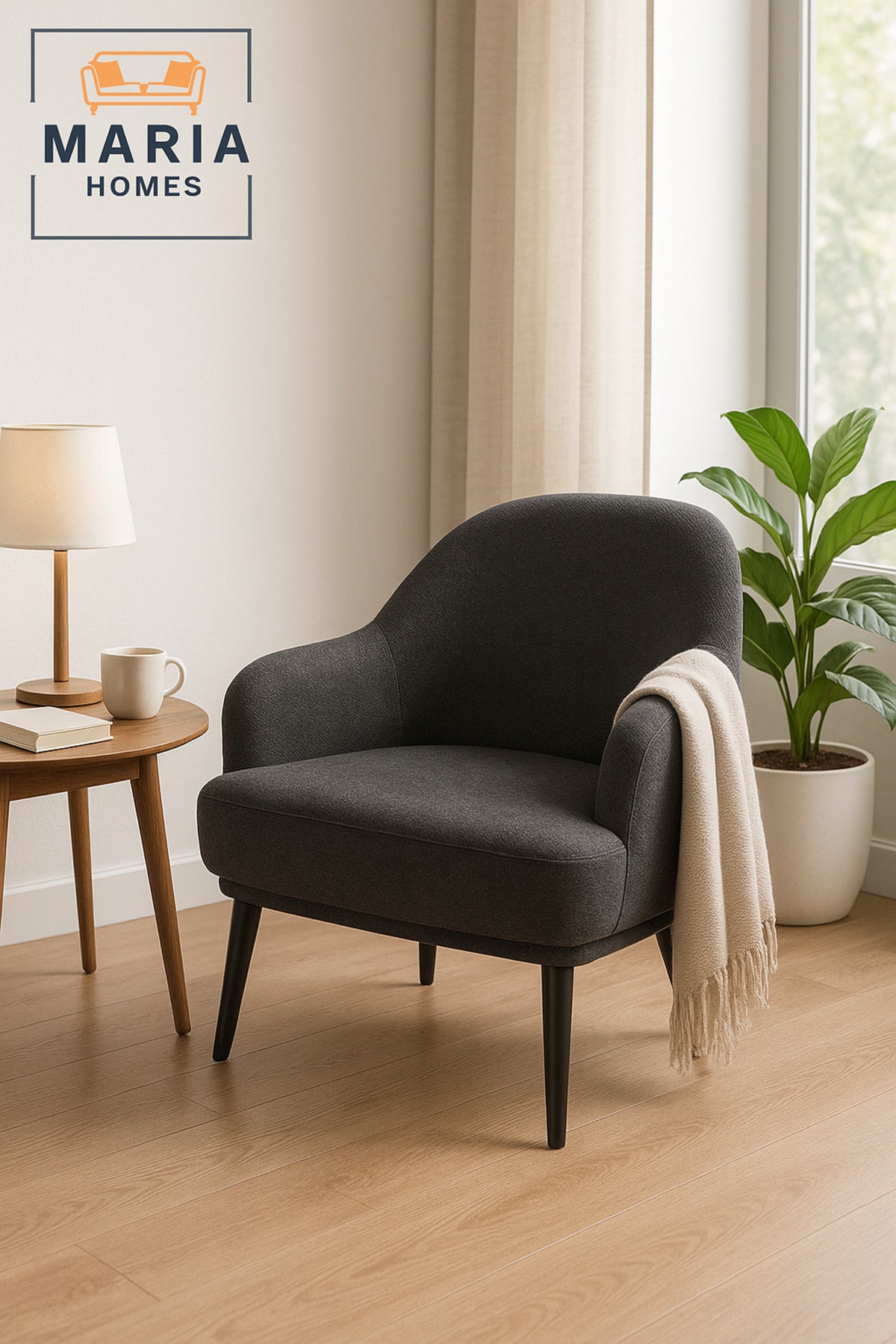 Dark Gray Armchair Ð Modern One-Seater Sofa with Fabric Upholstery & Black Legs