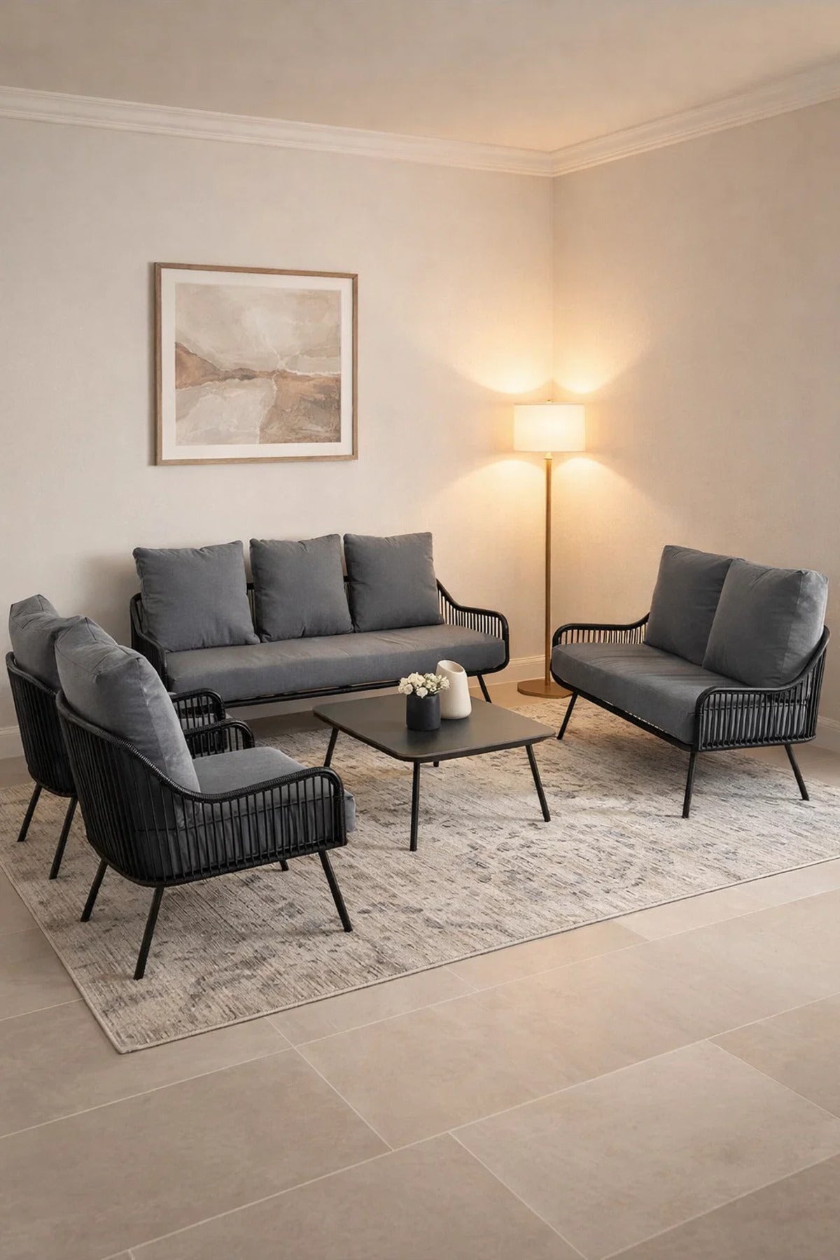 Black and Grey 7Piece Sofa Set with Glass Coffee Table Modern Seating for Indoor or Outdoor Spaces