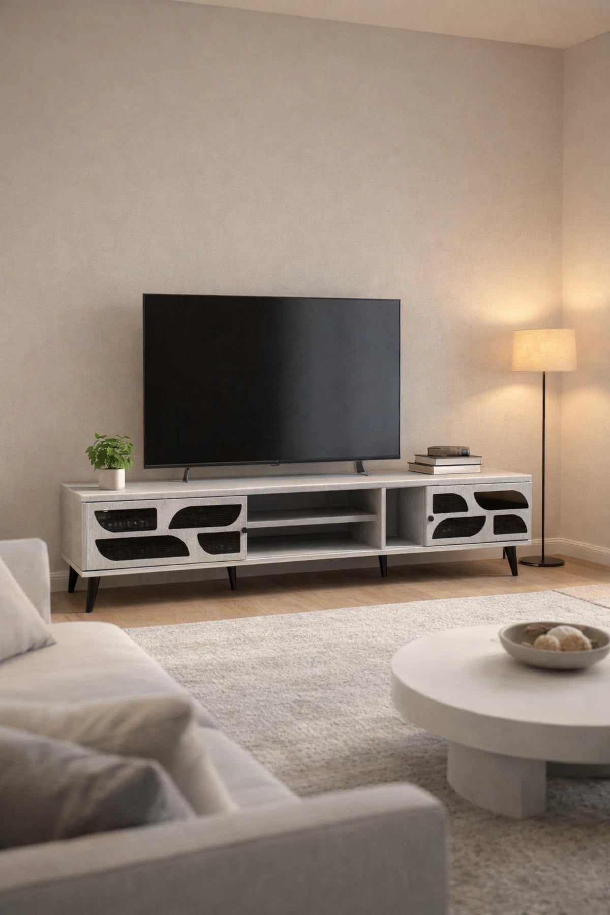 Premium 200cm TV Unit Modern Grey Media Console with Stylish Storage Doors for Living Room Decor