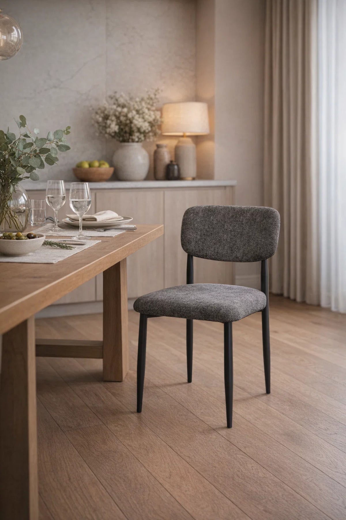 Dark Brown Upholstered Dining Chair with Black Legs Modern Fabric Dining Chair