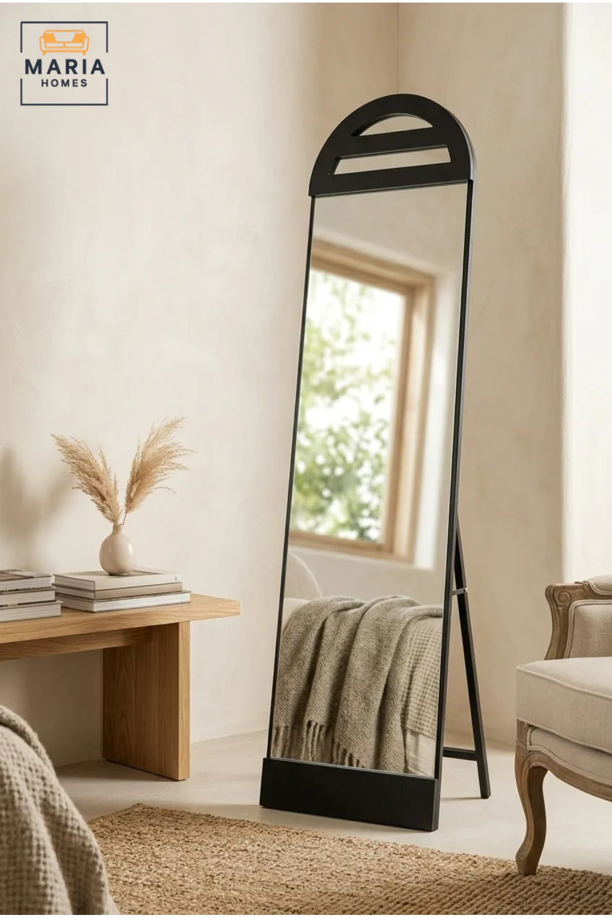 Modern Black Full Length Floor Mirror with Arched Wooden Frame and Freestanding Support for Bedroom, Dressing Room, Entryway, Salon and Boutique
