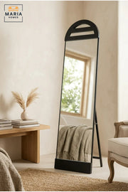 Modern Black Full Length Floor Mirror with Arched Wooden Frame and Freestanding Support for Bedroom, Dressing Room, Entryway, Salon and Boutique